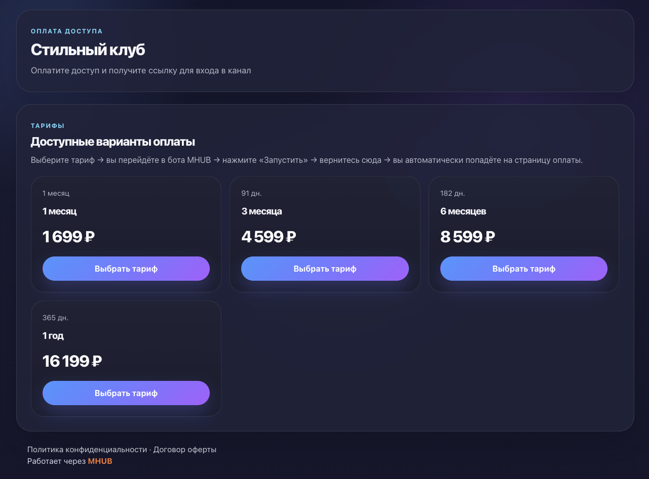 Страница оплаты платного канала в MAX: тарифы на месяц, три месяца, полгода и год